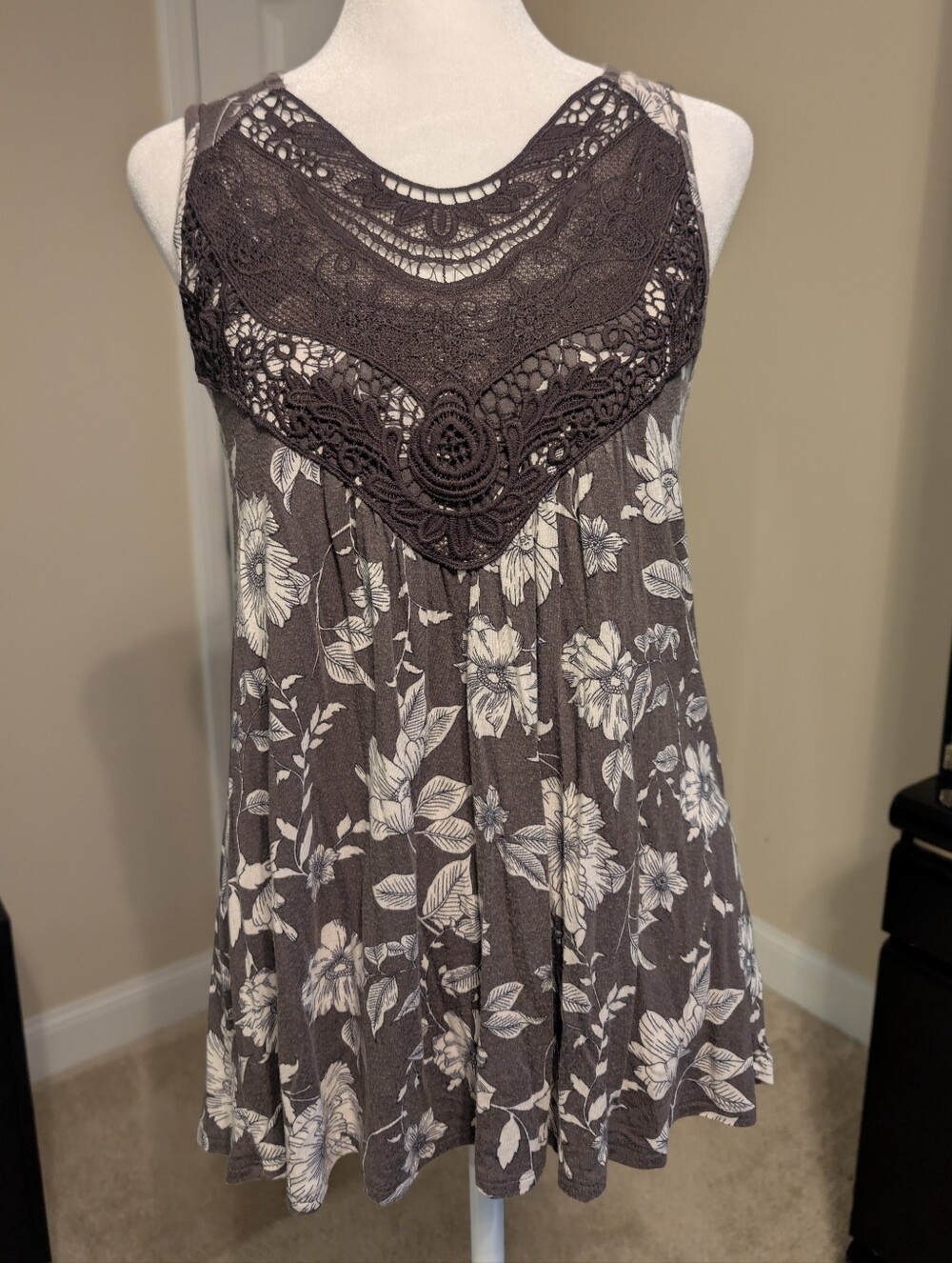 Maurices Charcoal Gray Floral  Babydoll with Crochet Yoke